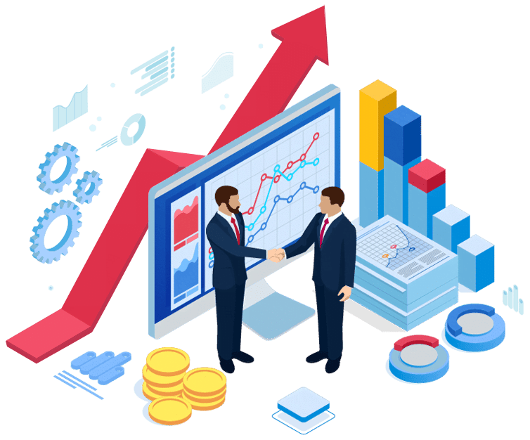 An illustration of two people shaking hands in front of a trading chart, surrounded by growth graphics