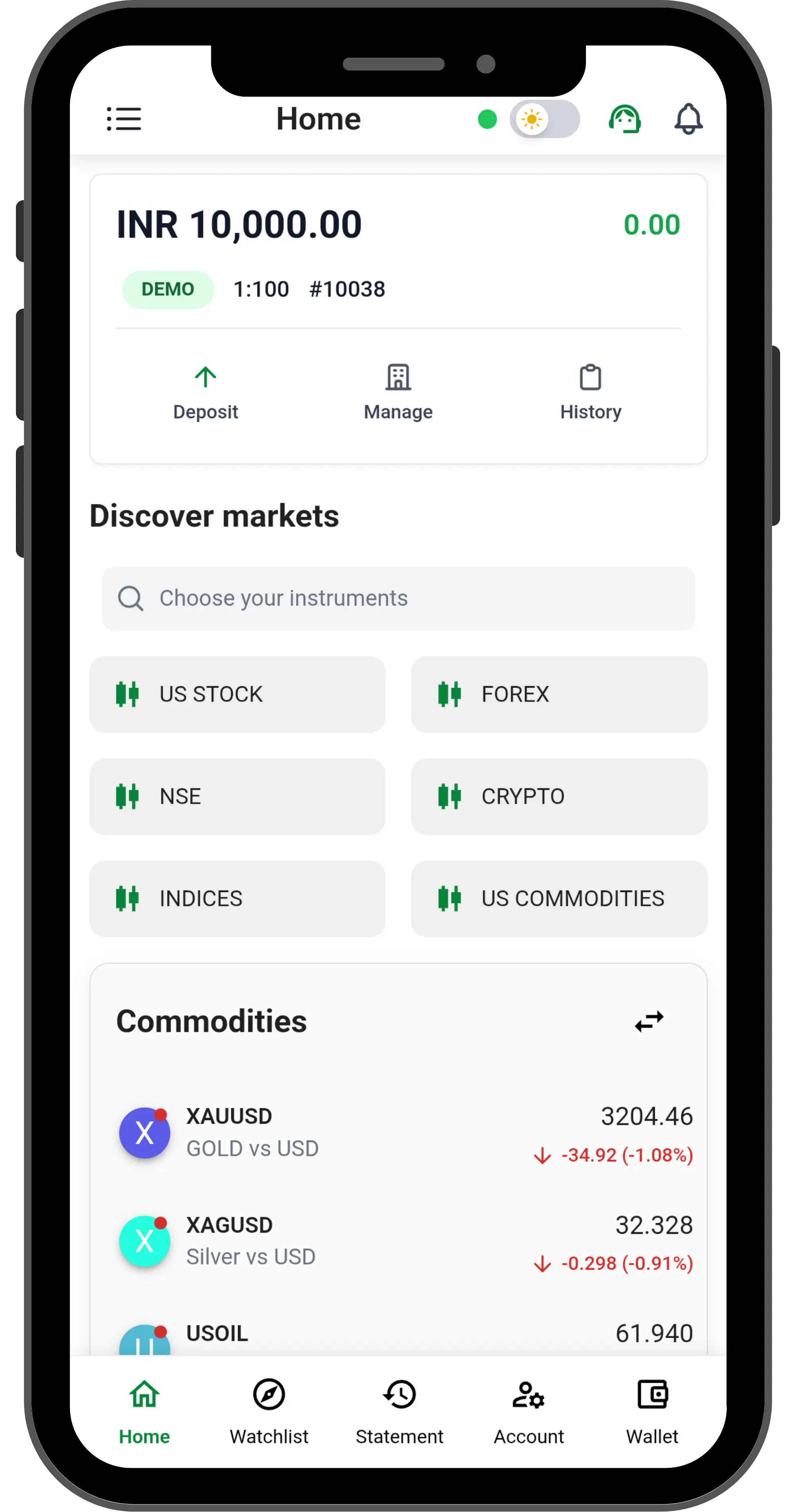 MintCFD trading app demo screen