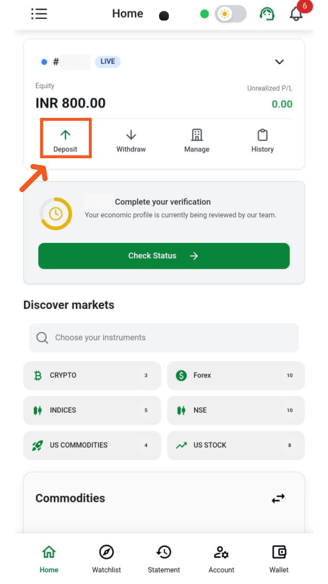 The MintCFD Trader home screen, with the Deposit option at the top