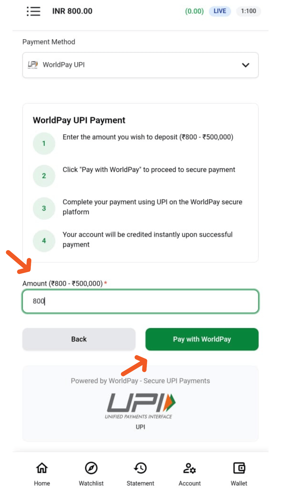 The deposit amount field and the Pay with WorldPay button