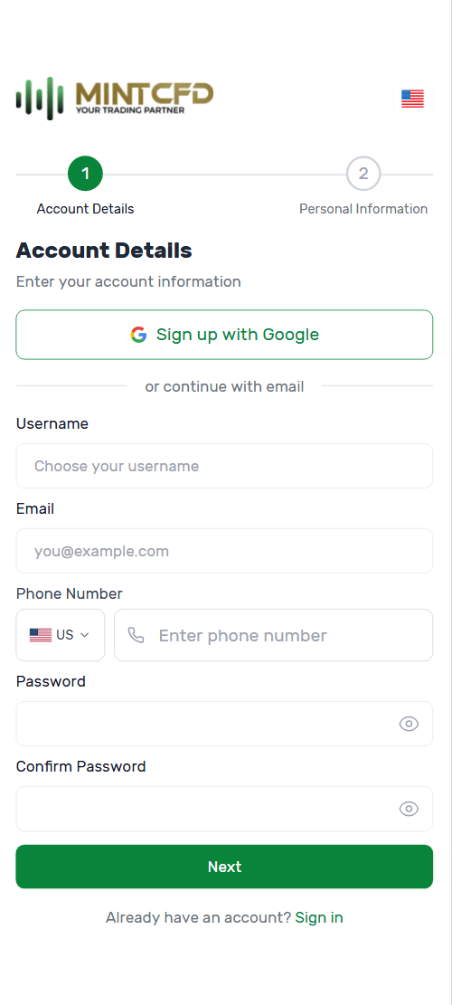 The MintCFD Trader sign-up page