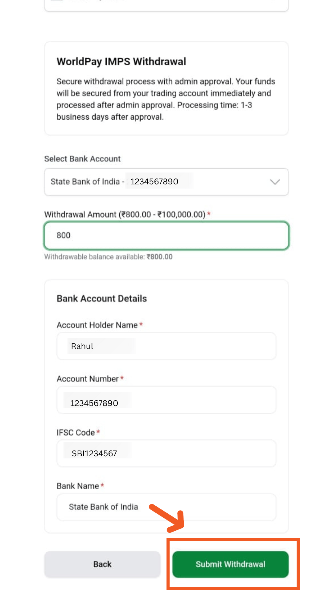 The completed withdrawal form, with the Submit Withdrawal button