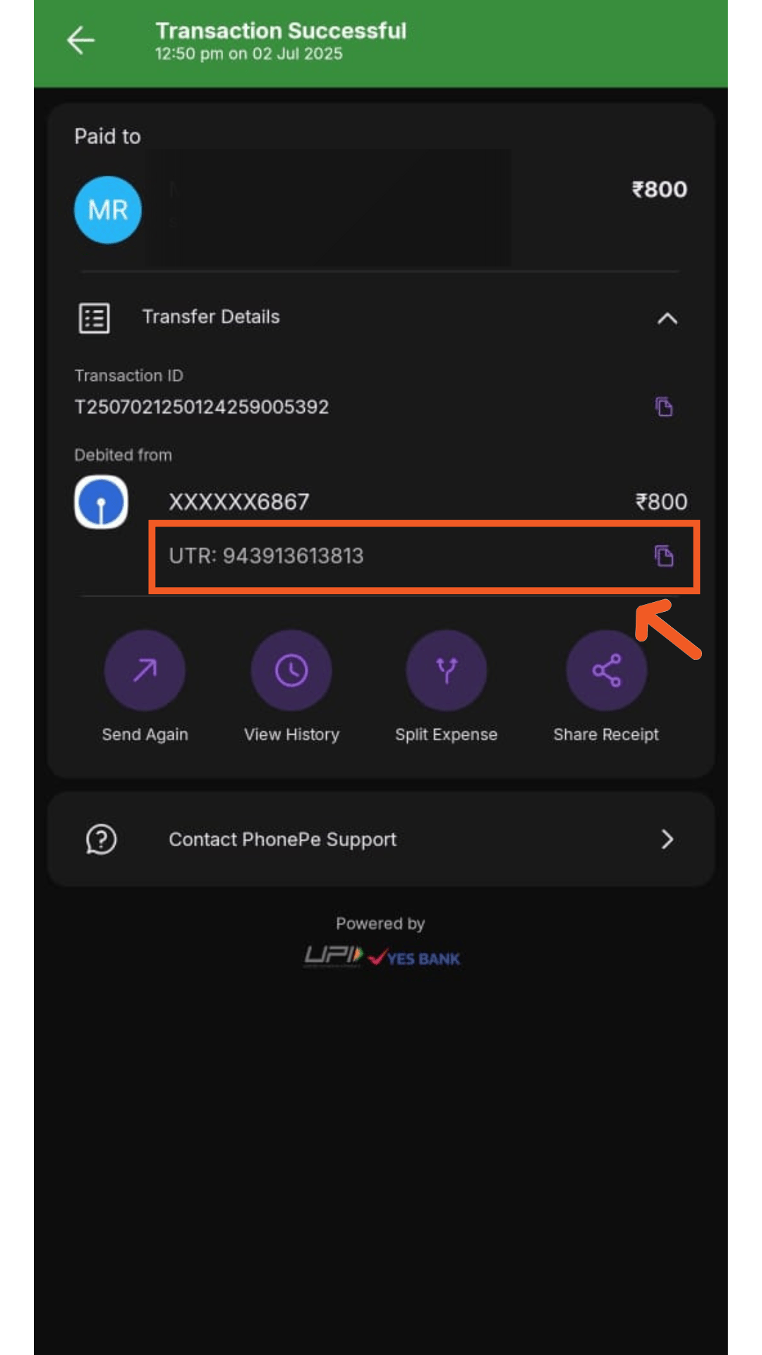 The completed payment, showing the UTR number