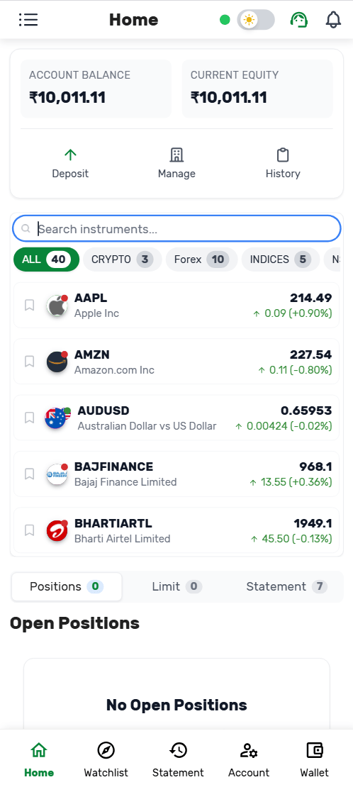 The MintCFD Trader home tab, with the instrument search box
