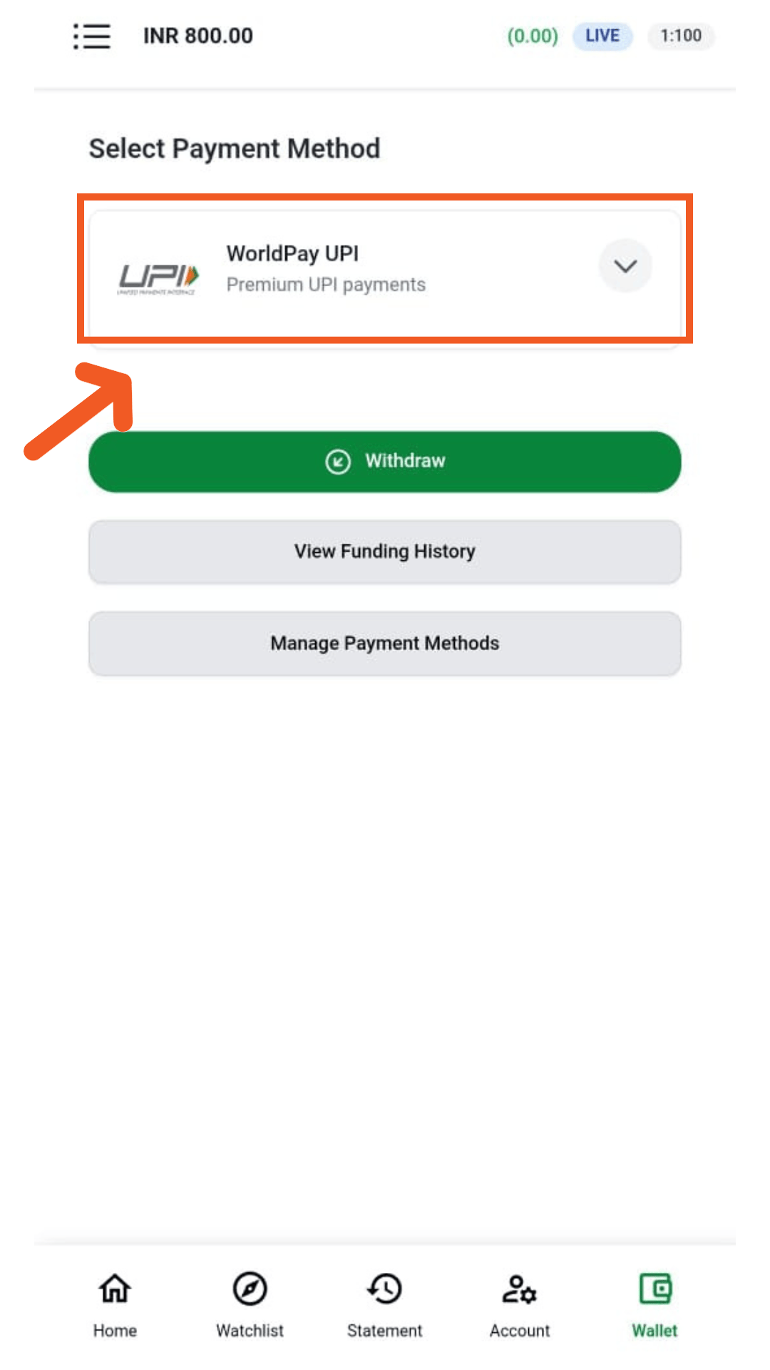 The deposit screen, listing the payment methods