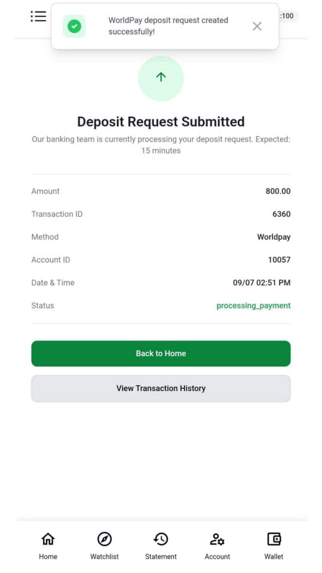 The deposit confirmation screen