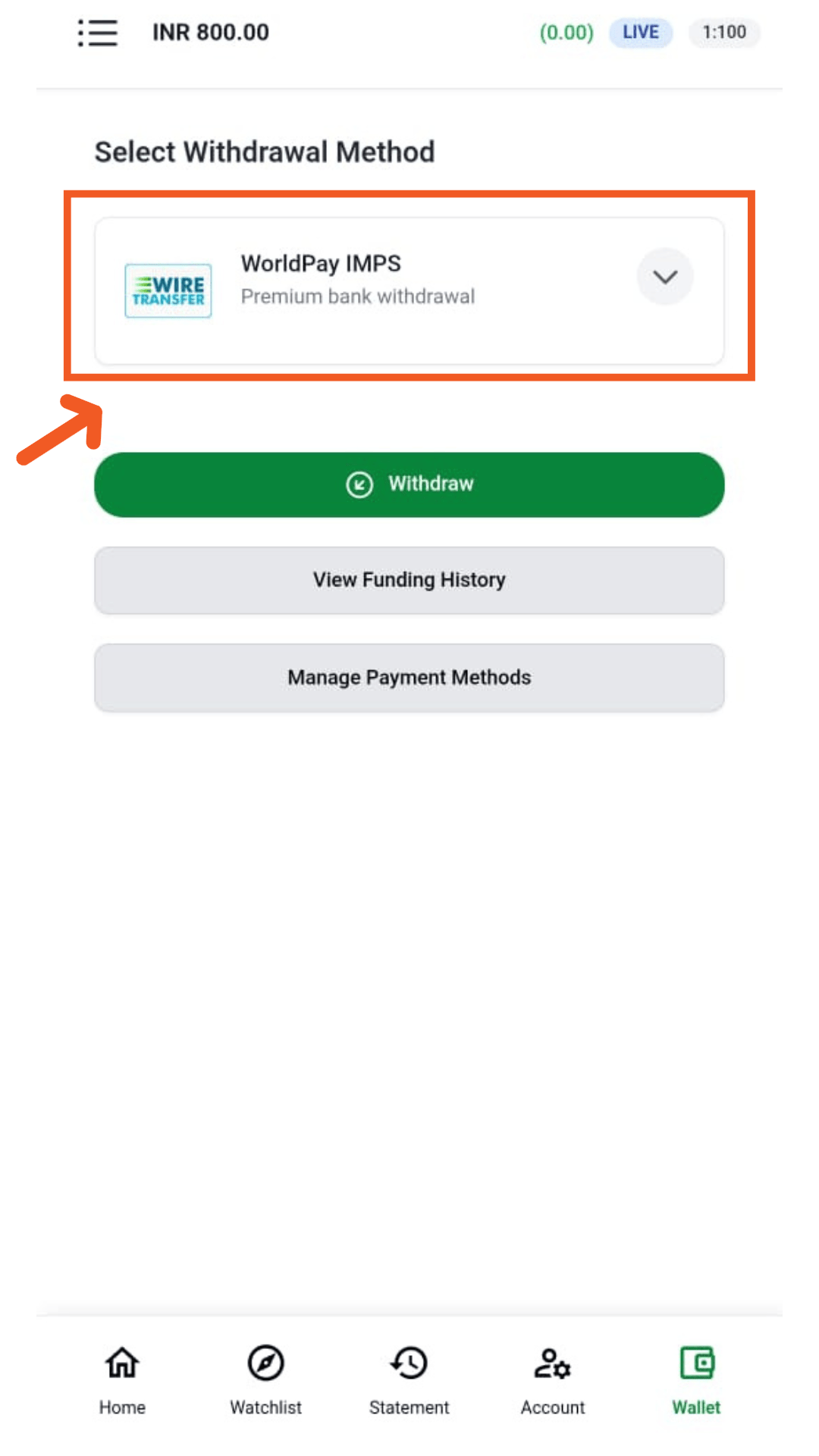The withdrawal screen, listing the withdrawal methods