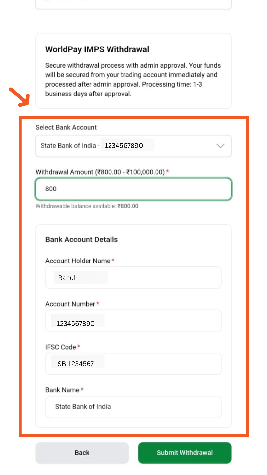 The withdrawal amount and bank account details form