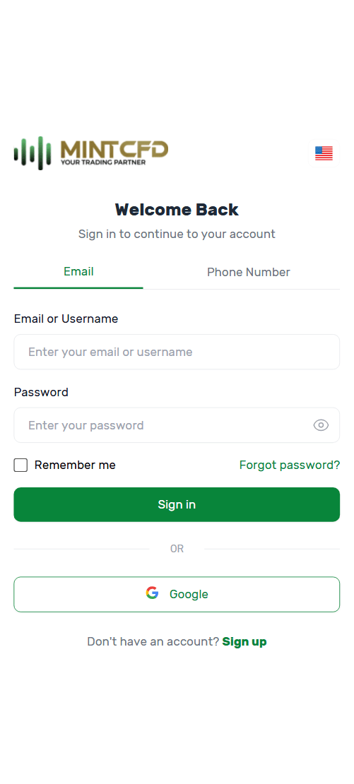 The MintCFD Trader login screen