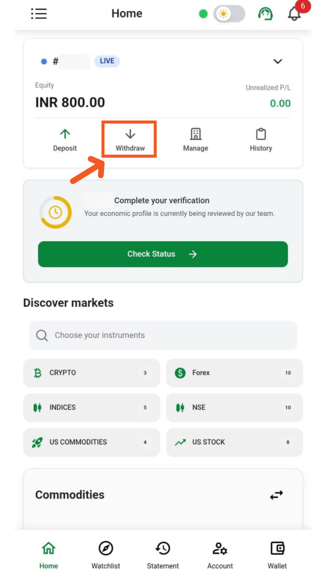 The MintCFD Trader home screen, with the Withdraw option at the top