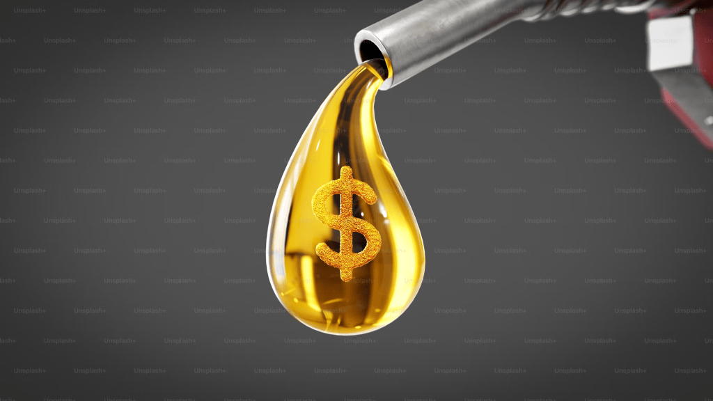 A fuel nozzle pouring a drop of oil with a dollar sign inside it