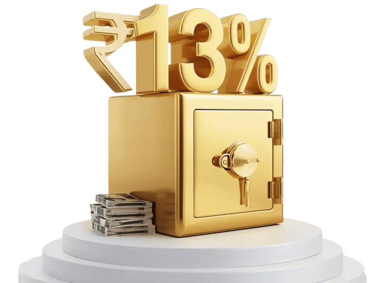 A gold safe with a 13 percent rupee sign on top and a stack of banknotes beside it
