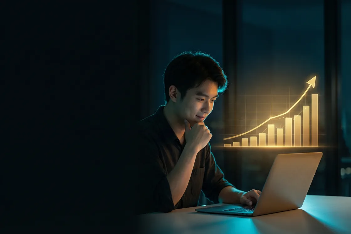 Trader at a laptop with a rising bar chart and upward trend arrow