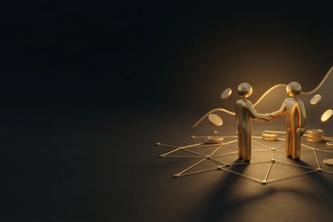 Two golden figures shaking hands over a gold network of nodes, coins and a rising arc