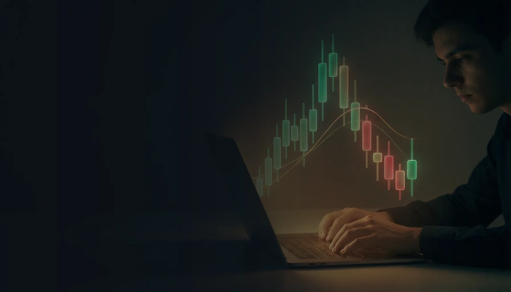 A trader at a laptop lit by a floating candlestick chart